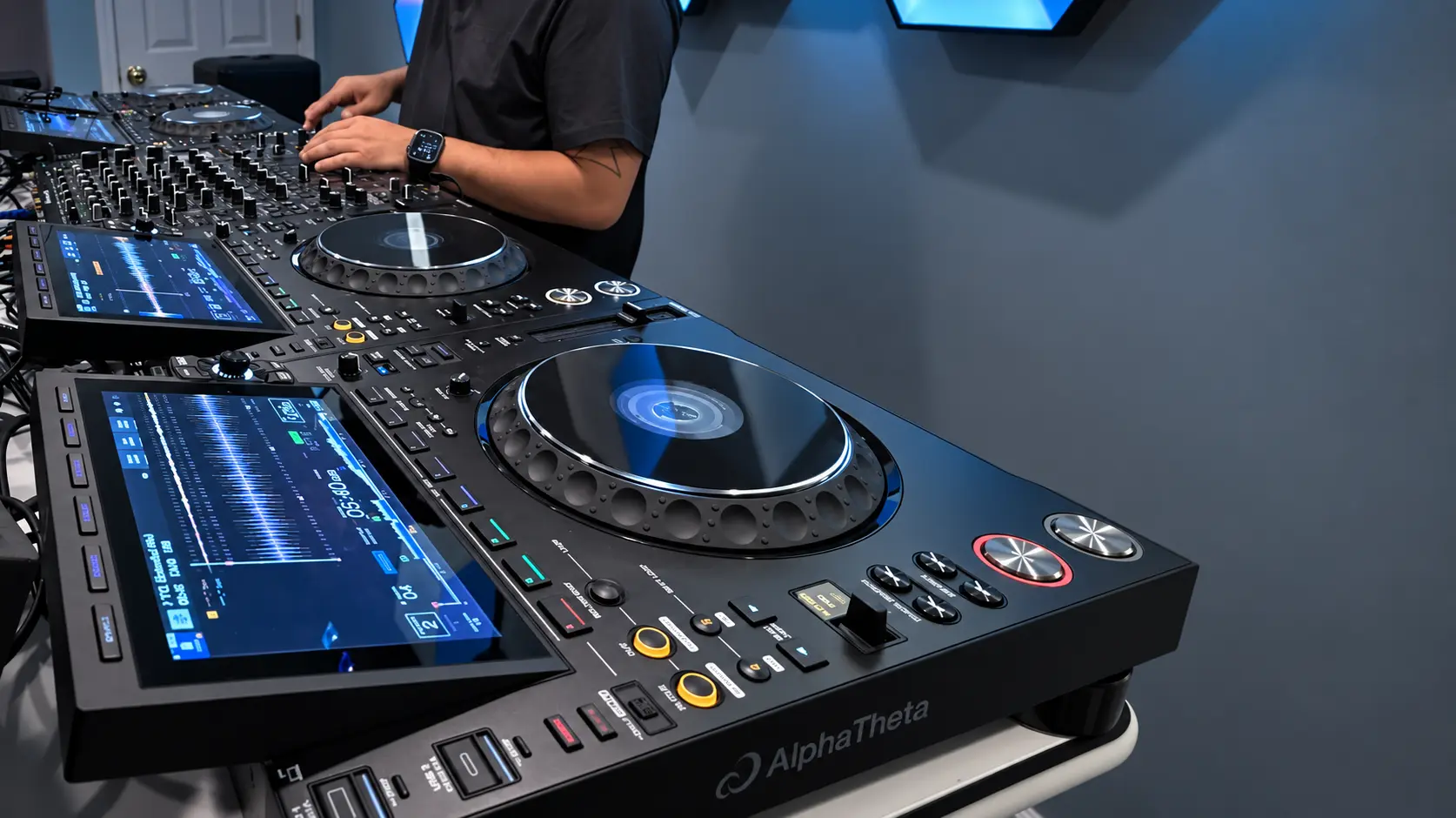 Authentic close-up of CDJ platters and screens